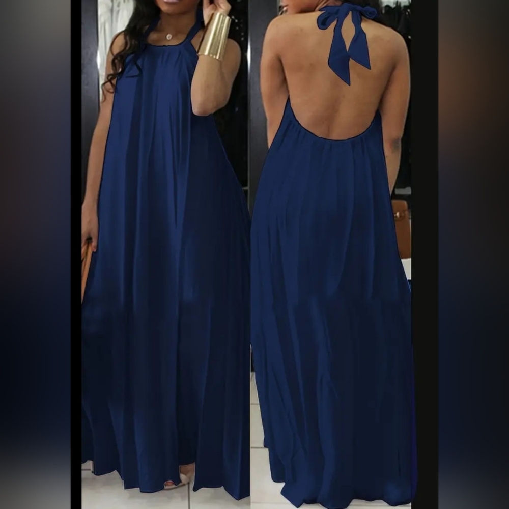 Elegant Navy Blue Halter Dress